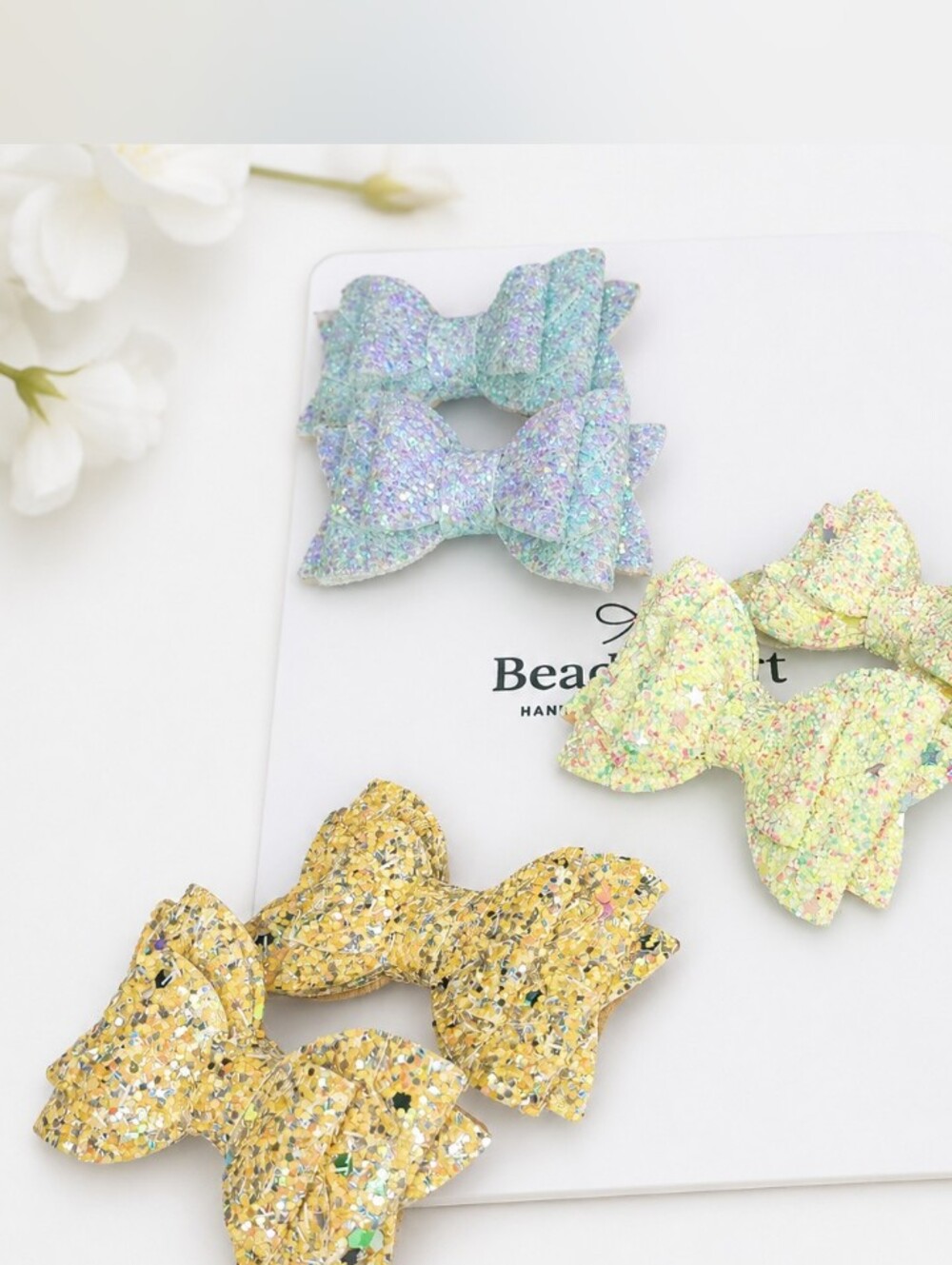 Sparkle Hair Bows Set for Girls- Pastel Mint, Lemon & Pearl🎀